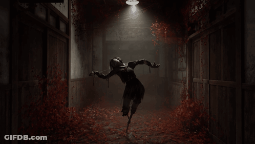 A Woman In A Black Dress Is Flying Through A Dark Hallway With Red Leaves On The Floor GIF