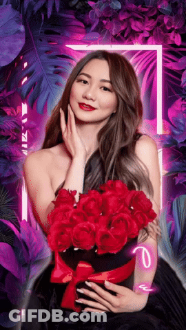 A Woman In A Black Dress Is Holding A Bouquet Of Red Roses In Front Of Purple Flowers GIF