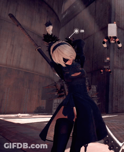 A Woman In A Black Dress Is Holding A Large Sword And The Number 28 Is On The Wall Behind Her GIF