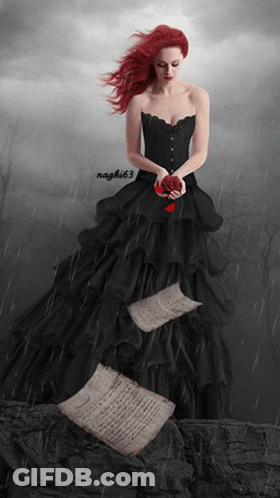 A Woman In A Black Dress Is Holding A Red Rose And A Sheet Of Music In The Rain GIF