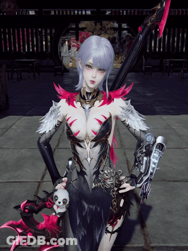 A Woman In A Black Dress Is Holding A Sword And A Panda GIF