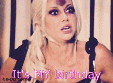 A Woman In A Black Dress Is Saying It 'S My Birthday . GIF