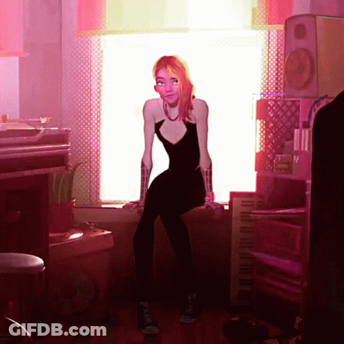 A Woman In A Black Dress Is Sitting On A Window Sill GIF