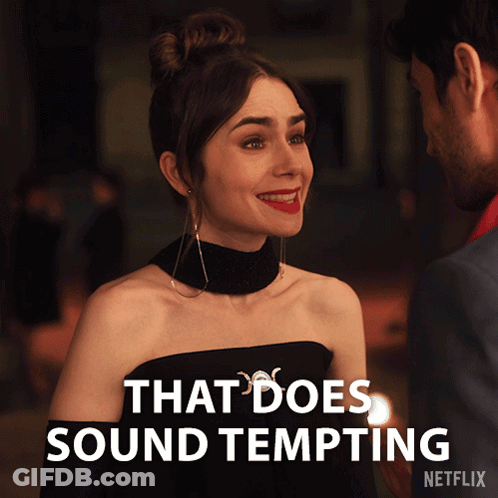A Woman In A Black Dress Is Smiling Next To A Man And The Words That Does Sound Tempting GIF