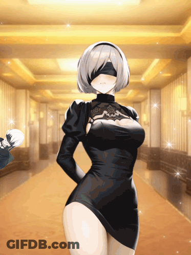 A Woman In A Black Dress Is Standing In A Hallway With A Gold Carpet GIF