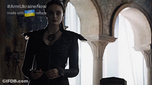 A Woman In A Black Dress Is Standing In A Room With Arches And The Words Armukrainenow Made With Reface GIF