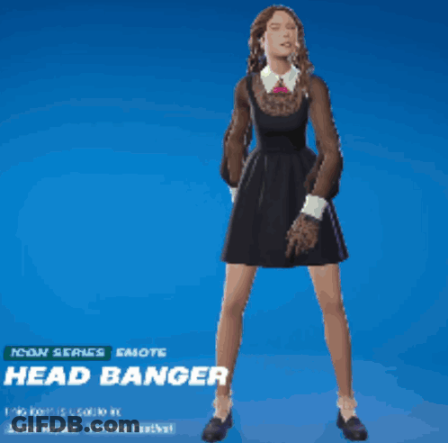 A Woman In A Black Dress Is Standing In Front Of A Blue Background That Says Head Banger On It GIF