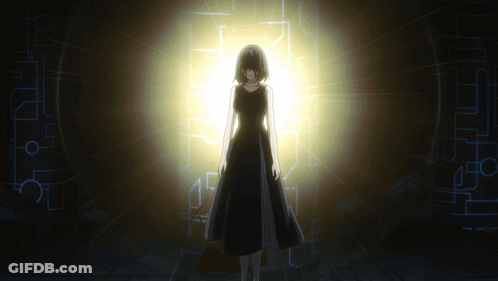 A Woman In A Black Dress Is Standing In Front Of A Light GIF