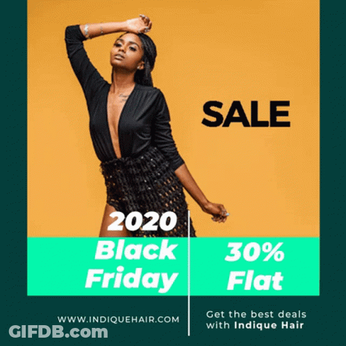 A Woman In A Black Dress Is Standing In Front Of A Yellow Background That Says Sale Sale Sale Black Friday GIF