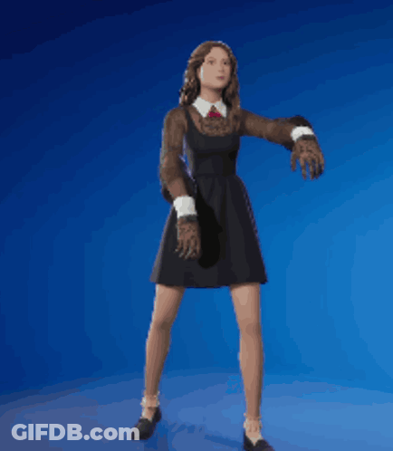 A Woman In A Black Dress Is Standing On A Blue Surface GIF