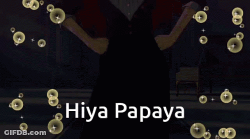 A Woman In A Black Dress Is Surrounded By Bubbles And Says Hiya Papaya GIF