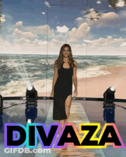 A Woman In A Black Dress Is Walking Down A Runway With The Word Divaza In The Corner GIF