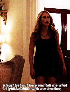 A Woman In A Black Dress Says " Klaus Get Out Here And Tell Me What You 'Ve Done With Our Brother GIF