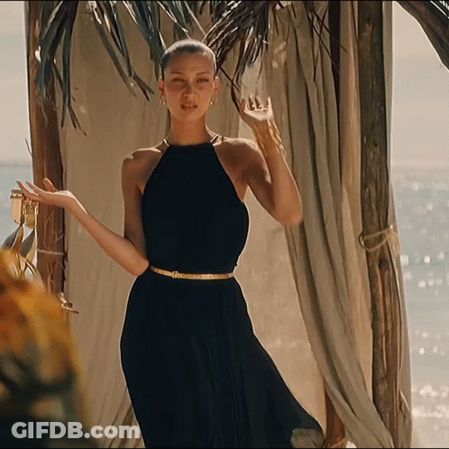 A Woman In A Black Dress Stands In Front Of A Canopy Overlooking The Ocean GIF