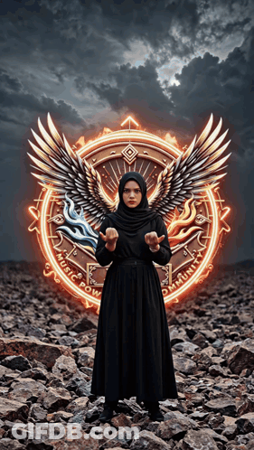 A Woman In A Black Dress Stands In Front Of A Circle That Says Music Power GIF