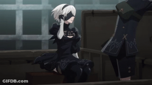 A Woman In A Black Dress With A Mask On Her Face GIF