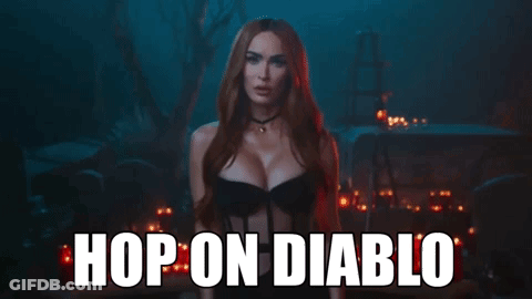 A Woman In A Black Dress With The Words Hop On Diablo Written On The Bottom GIF