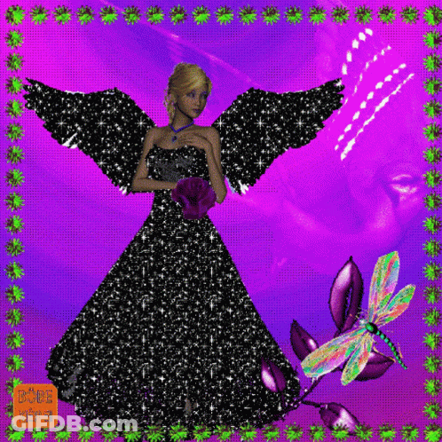 A Woman In A Black Dress With Wings Is Surrounded By Flowers And A Dragonfly GIF