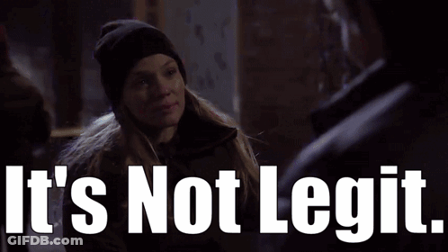 A Woman In A Black Hat Is Sitting In Front Of A Sign That Says " It 'S Not Legit " .. GIF