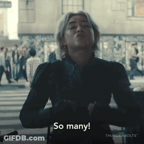 A Woman In A Black Jacket Says So Many In A Thunderbolts Advertisement GIF