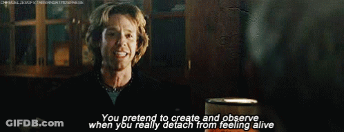 A Woman In A Black Jacket Says " You Pretend To Create And Observe When You Really Detach From Feeling Alive " GIF