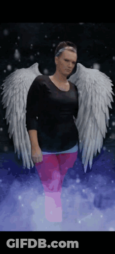 A Woman In A Black Shirt And Pink Pants Has Angel Wings GIF