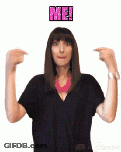 A Woman In A Black Shirt Is Pointing At Herself With The Word Me Above Her GIF