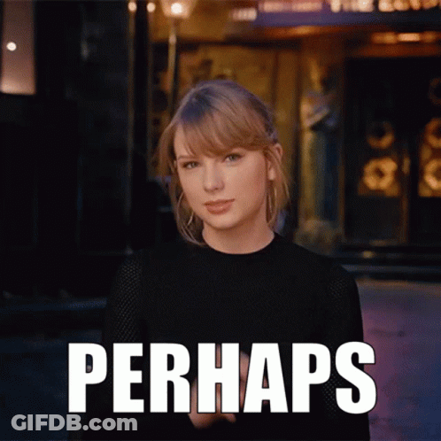 A Woman In A Black Shirt Stands In Front Of A Building With The Word Perhaps Above Her GIF