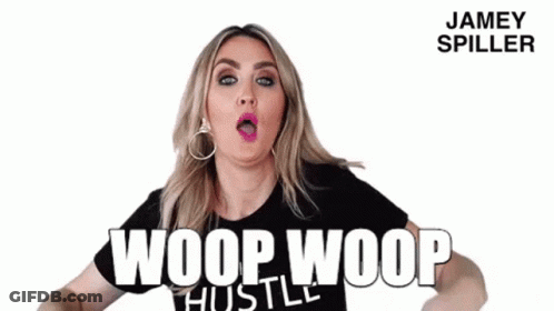 A Woman In A Black Shirt With The Word Woop On It GIF