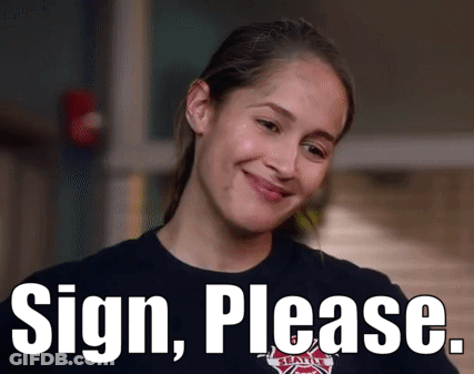A Woman In A Black Shirt With The Words Sign Please On The Bottom GIF