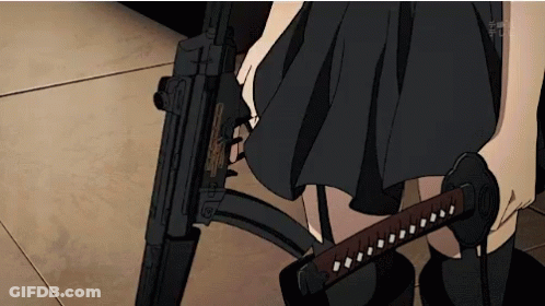 A Woman In A Black Skirt Is Holding A Sword And A Gun GIF