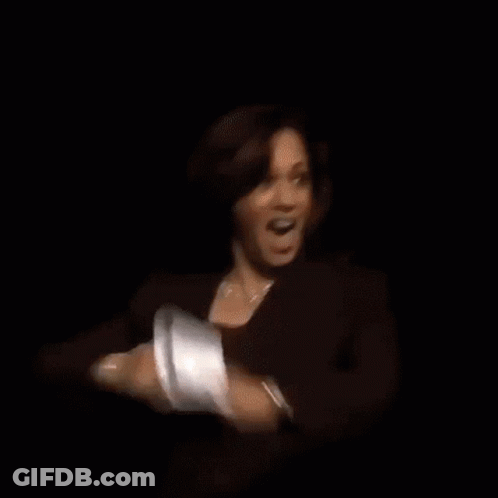 A Woman In A Black Suit Is Laughing In Front Of A Bear And A Flag . GIF