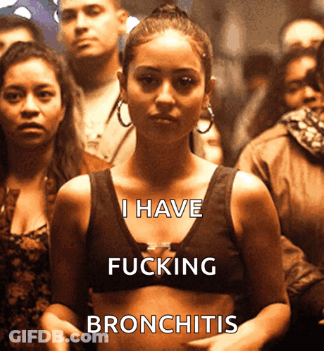 A Woman In A Black Tank Top With The Words I Have Fucking Bronchitis GIF
