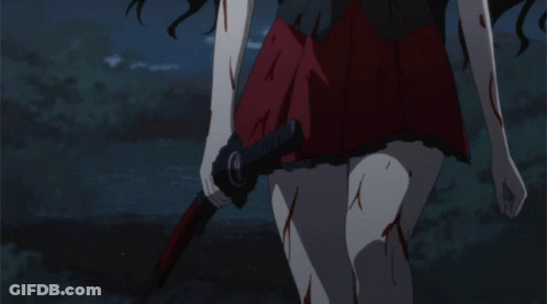 A Woman In A Bloody Skirt Is Holding A Bloody Sword GIF