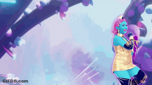 A Woman In A Blue And Gold Outfit Is Dancing GIF