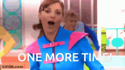 A Woman In A Blue And Pink Outfit Is Saying One More Time . GIF