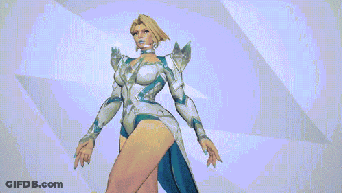A Woman In A Blue And White Costume Is Standing In Front Of A Blue Background GIF