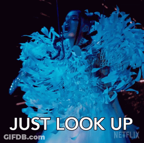 A Woman In A Blue And White Feathered Dress Is Screaming And Says Just Look Up Netflix . GIF