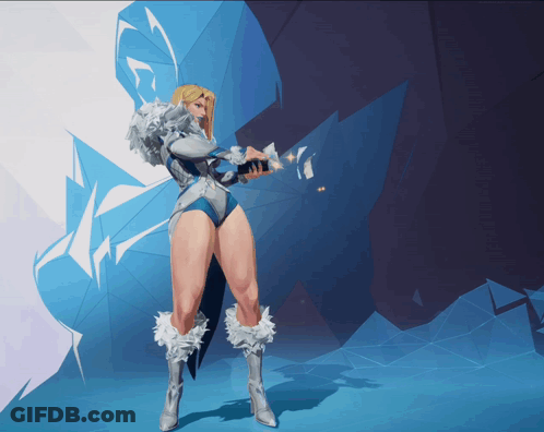 A Woman In A Blue And White Outfit Stands In Front Of A Blue Background GIF