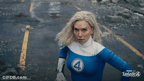 A Woman In A Blue And White Superhero Costume Is Featured In A Fantastic 4 Poster GIF