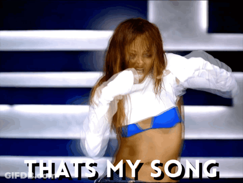 A Woman In A Blue Bikini Is Dancing And The Words That 'S My Song Are Above Her GIF