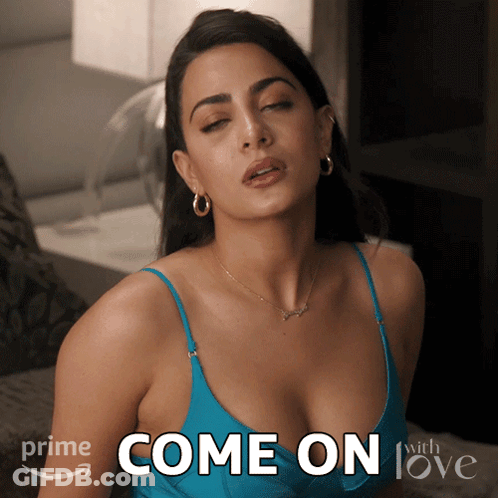 A Woman In A Blue Bikini Top Says Come On GIF