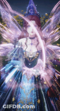 A Woman In A Blue Dress And A Blue Hat Is Holding A Wand GIF