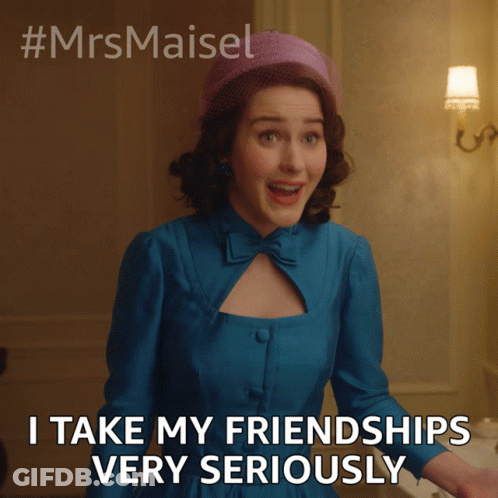 A Woman In A Blue Dress And A Purple Hat Says I Take My Friendships Very Seriously GIF