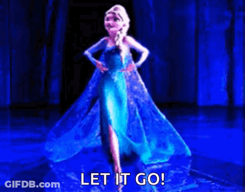 A Woman In A Blue Dress Is Dancing With The Words Let It Go Written Below Her GIF