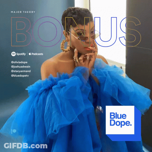 A Woman In A Blue Dress Is Featured On The Cover Of Major Theory GIF
