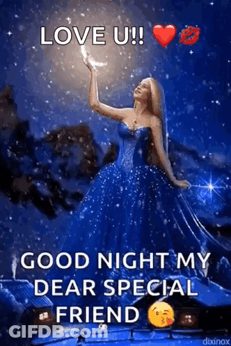 A Woman In A Blue Dress Is Holding A Crescent Moon And Wishing A Good Night To Her Dear Special Friend . GIF
