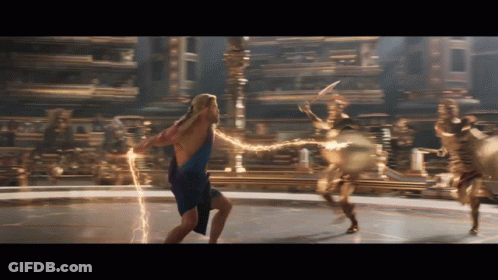 A Woman In A Blue Dress Is Holding A Lightning Bolt In Her Hands GIF