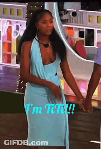 A Woman In A Blue Dress Is Holding A Man 'S Hand And Says " I 'M Tiny " On The Bottom GIF