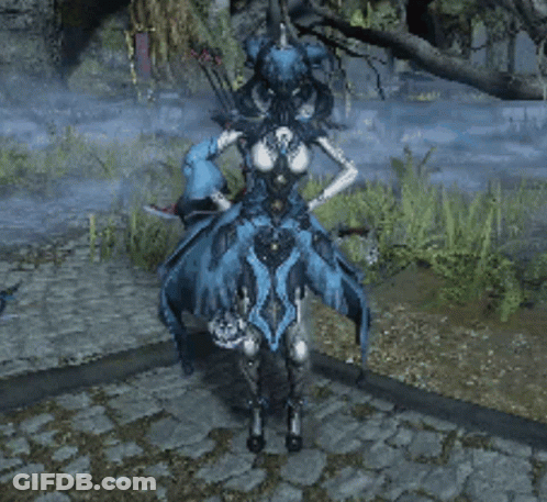 A Woman In A Blue Dress Is Riding A Horse GIF
